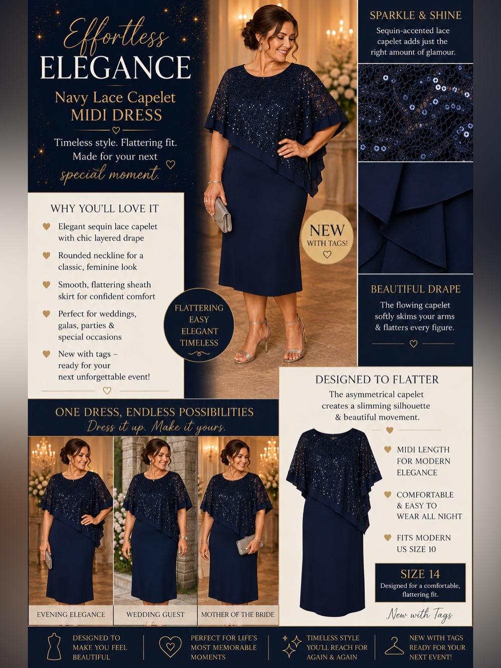 NWT R& M Richards Navy Sequin Lace Capelet Midi Dress from Macy’s Size 14